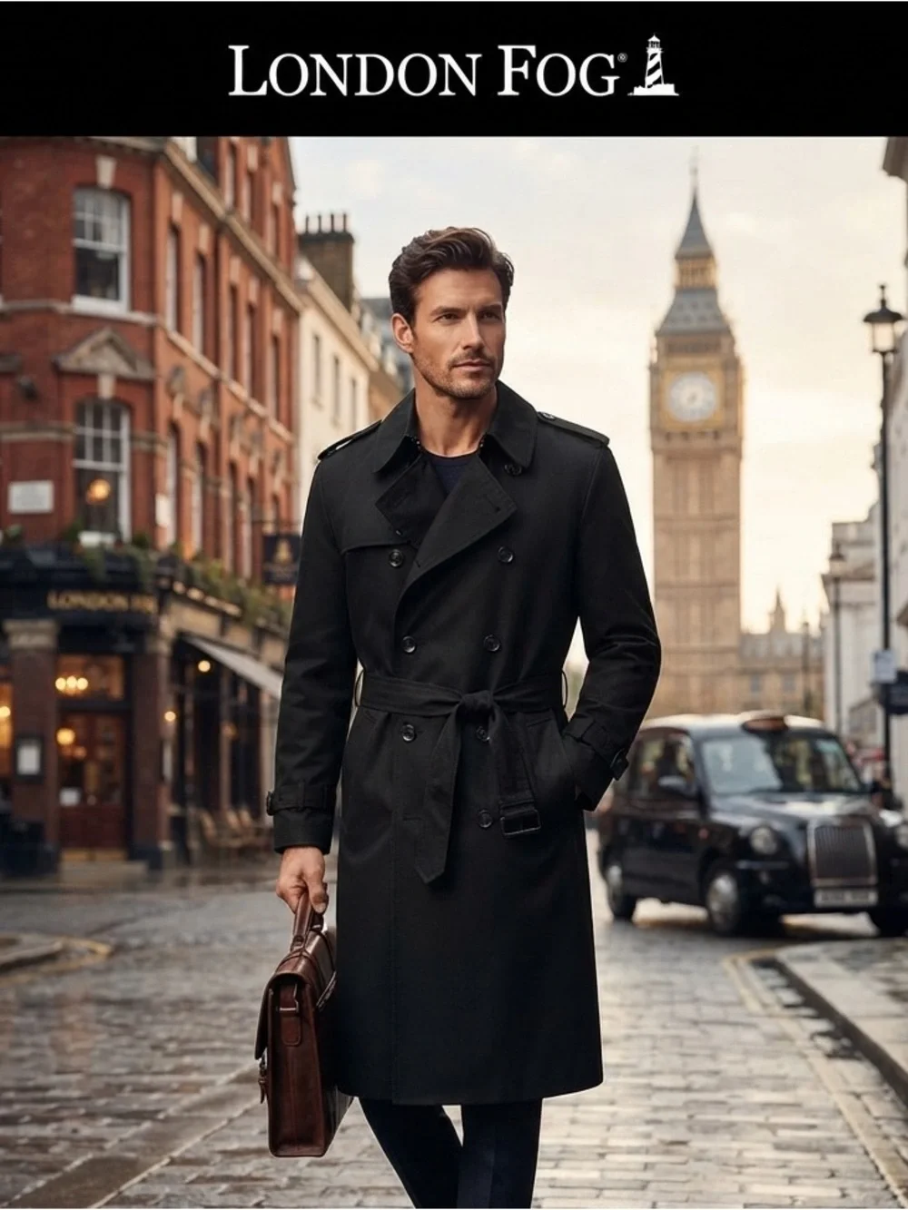 London Fog Men's Black Double-Breasted Belted Trench Coat